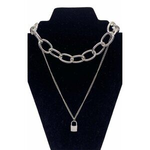 PadLock Layered Necklace Silver Tone‎ Chain Womens Punk Jewelry